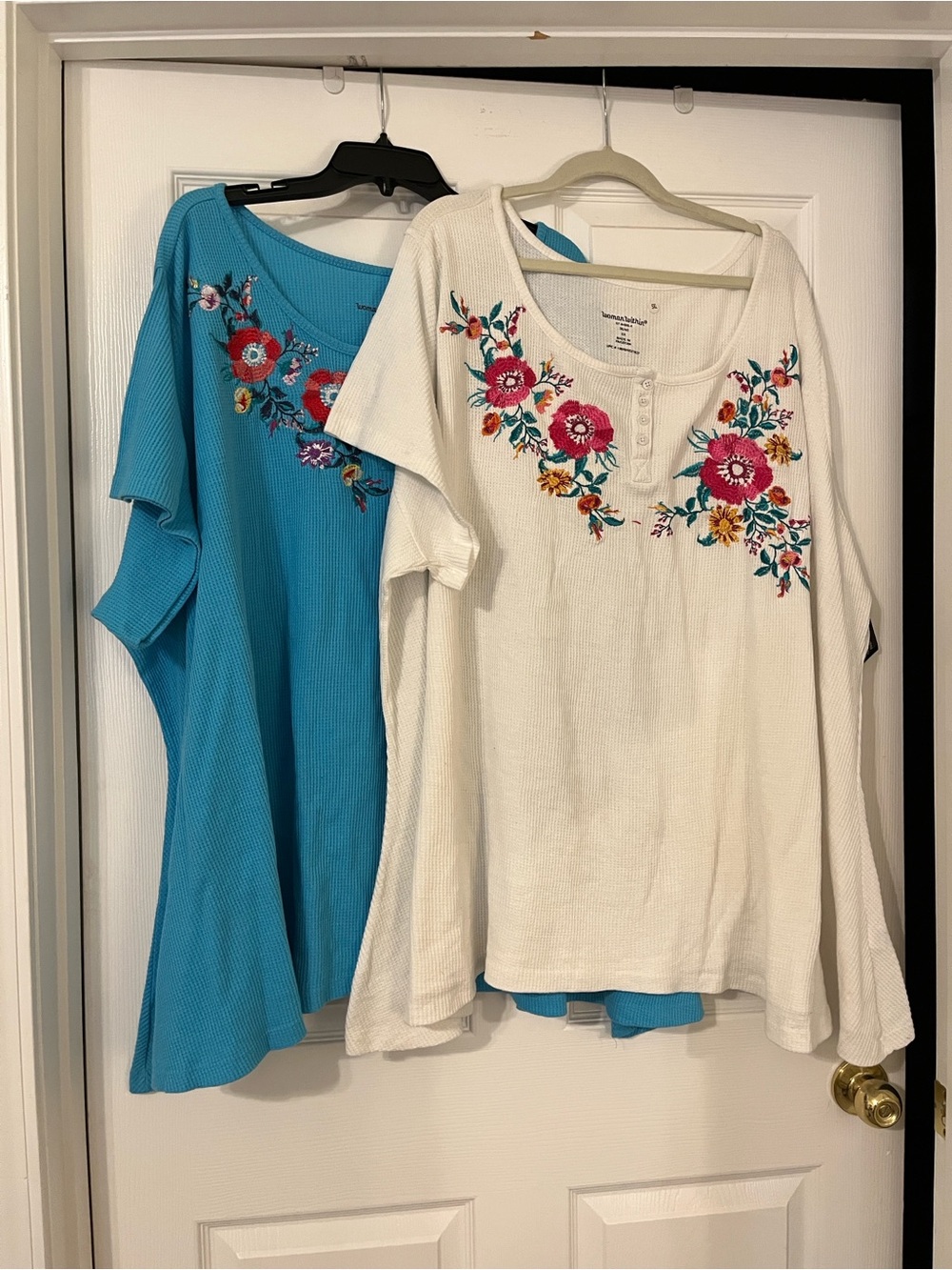 Woman Within Floral Embroidered Tunic Tops in White and Teal